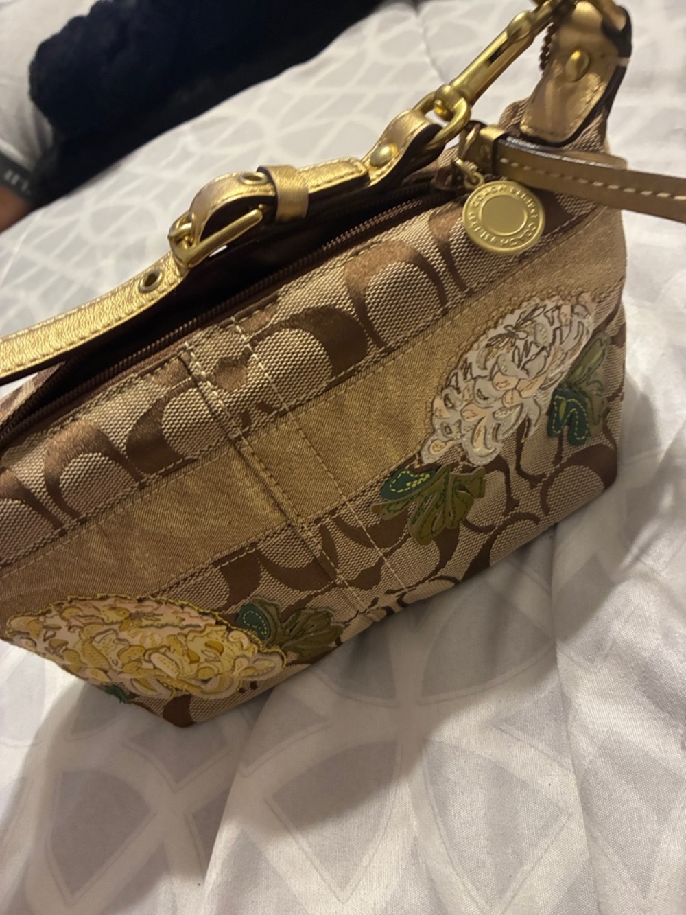 Coach Gold Signature Floral Embroidered Wristlet